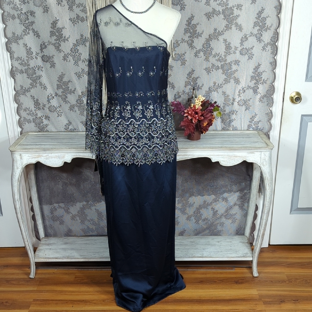 Dela Jo Elegant Navy Blue Gown with Silver Embellishments